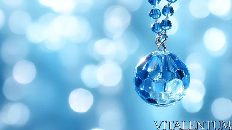 Blue faceted glass pendant against soft bokeh background.
