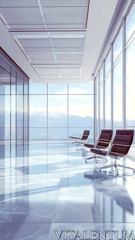 Modern high-rise office interior with panoramic mountain and lake views