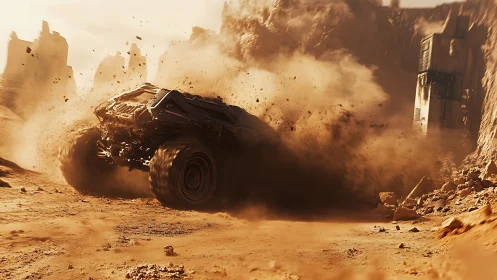 Armored offroad rover drifting through dusty Martian canyon