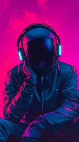 Neon astronaut figure in dark suit on pink background.