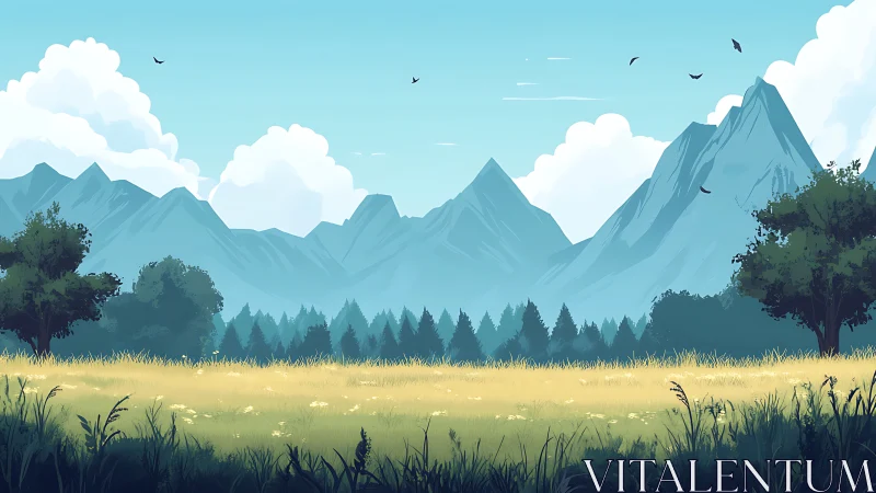 Mountain meadow landscape under clear summer sky.