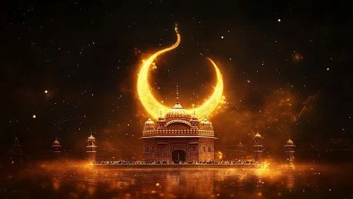 Luminous crescent corona above gilded palace reflection at night.