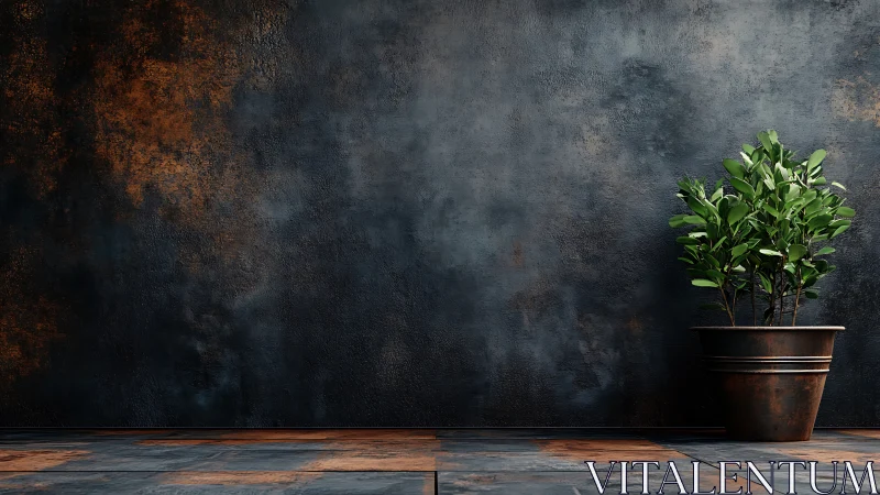 Potted green plant against dark textured industrial wall.