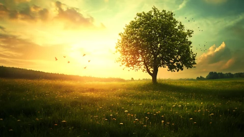 Solitary tree in sunlit meadow under low evening sky.