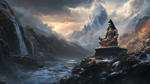 Divine mountain meditation amid storm-lit Himalayan peaks.