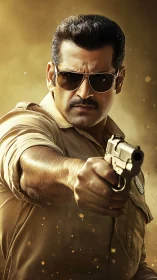 Grit-glazed cop aims justice through golden city dust.