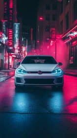 Sport hatchback cuts through neon-lit city streets at night