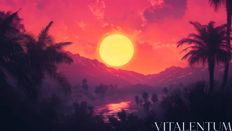 Tropical river valley with large sun over distant hills.