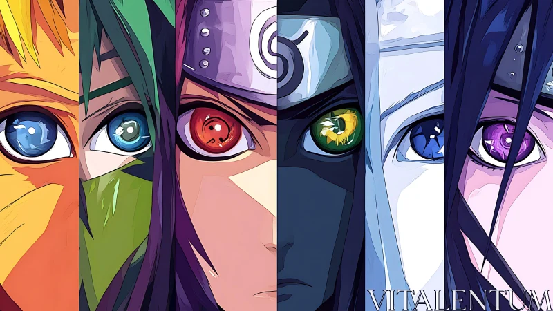 Segmented anime eyes with multicolor irises and sharp cel shading