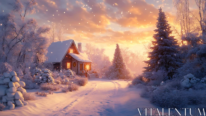 Snowlit cabin dreams beneath a glowing winter sunrise sky.