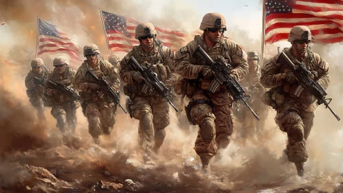 Dust-charged march of modern soldiers beneath bold flags.