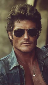 Retro styled man in aviator sunglasses and denim shirt