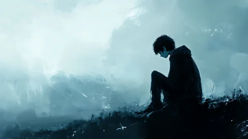 Solitary boy sits in profile on dark ground under pale sky