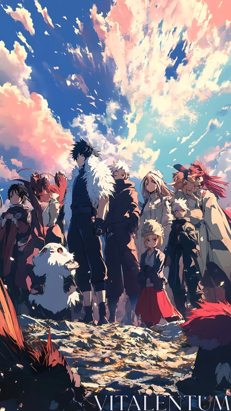 Heroic anime party stands on rocky plateau under radiant sky