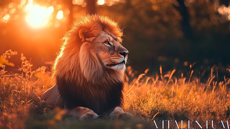 Lion resting in sunset grass with quiet golden confidence.