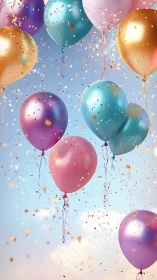 Colorful balloons floating against sky with falling confetti.