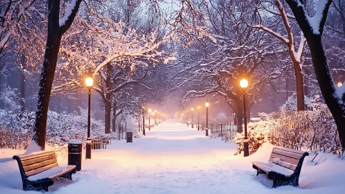 Snow covered park path with benches and lamplights at dusk.