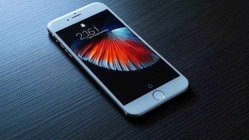 White iPhone displaying colorful abstract fan wallpaper