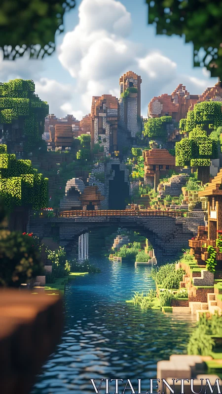 Voxel river valley renders sunlit stone village with depth-of-field