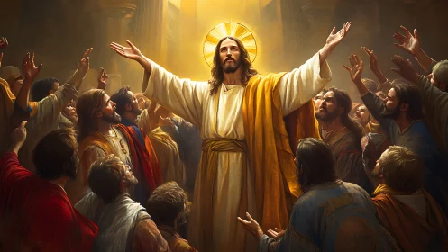 Radiant messianic figure blessing gathered disciples in light