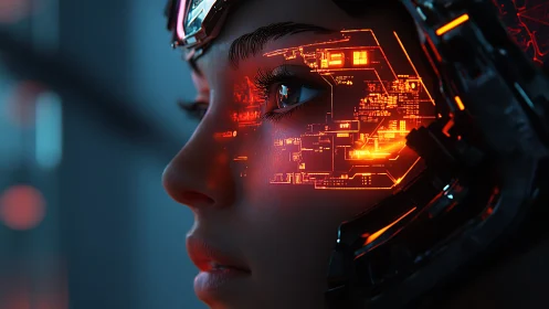 Neon-eyed cyborg navigator scanning electric city maps.