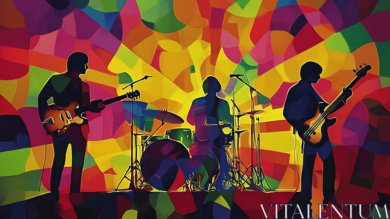 Silhouetted rock band performs against prismatic abstract backdrop