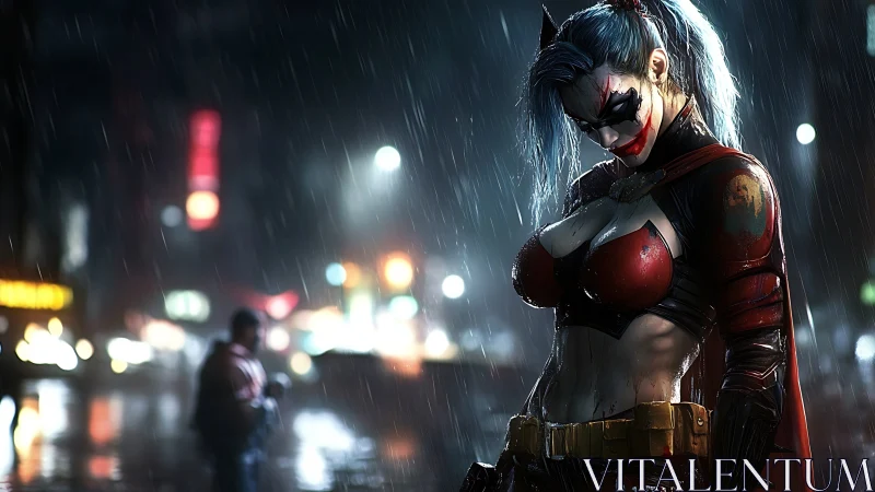 Masked female vigilante stands in rain on blurred city street
