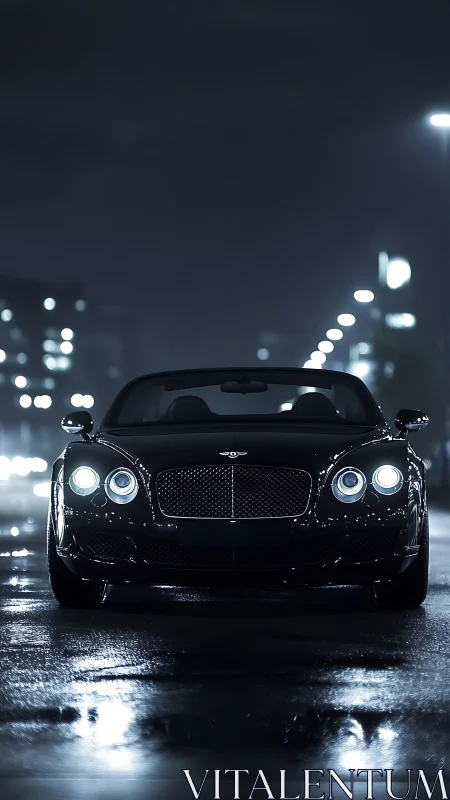 Nocturnal grand tourer frontal study in wet urban gloss.