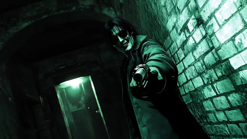 Gunman in neon-green alleyway with dramatic low-angle view.