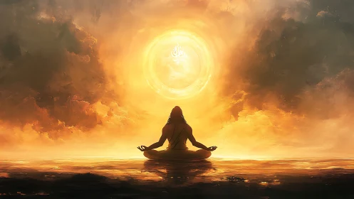 Silhouette meditates before central luminous circular form