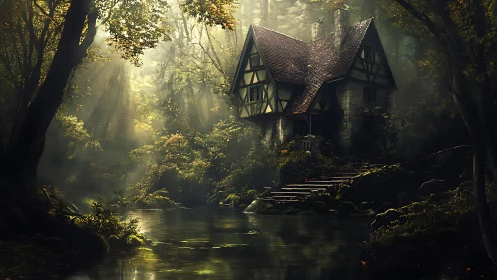 Cottage in Enchanted Forest with Misty River and Ancient Trees.