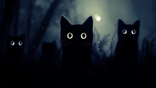 Three Mysterious Black Cats with Luminous Eyes in Moonlit Night
