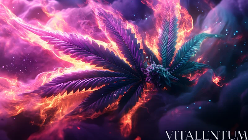 Cannabis leaf rendered in vivid neon fire and smoke