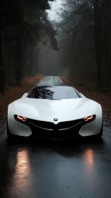 Futuristic white sports car glows on a misty forest road.
