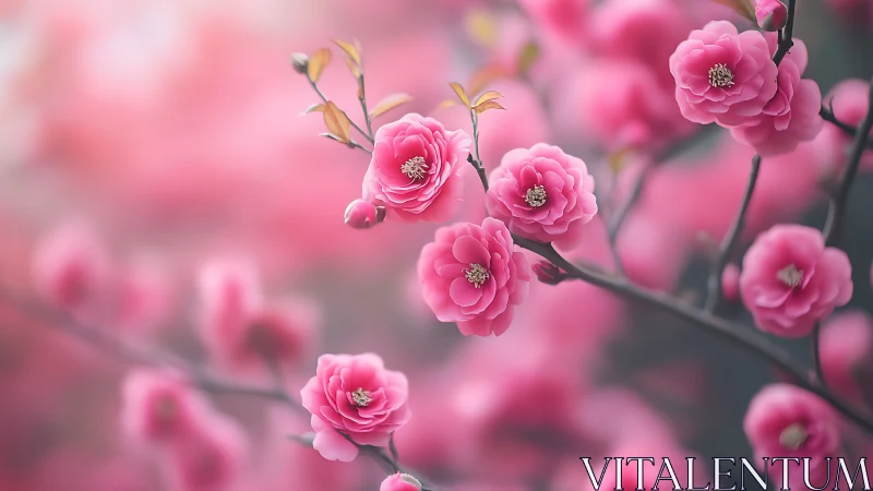 Pink Camellia Flowers on Dark Branches in Soft Focus