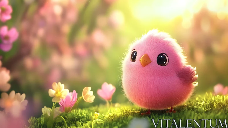 Fluffy pink songbird under golden bokeh spring light.
