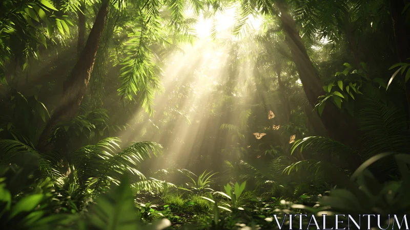 Volumetric sunlight through dense tropical rainforest understory.