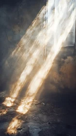 Photorealistic light shafts in decayed concrete interior space.