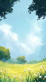 Vertical spring meadow vista with flowering grasses and trees