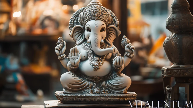 Intricate Ganesh statue amid warm bokeh-lit interior scene.