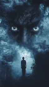 Sinister spirit eyes watching lone figure in blue fog.