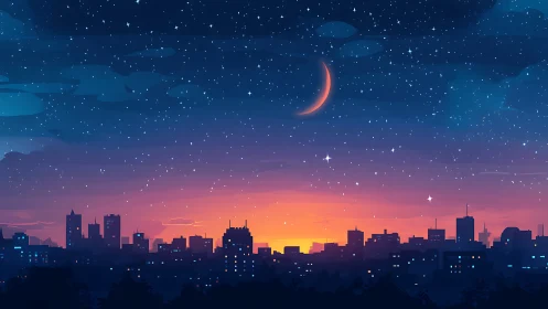 City skyline under crescent moon and radiant twilight sky.