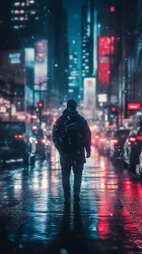 Figure walks on wet city street amid illuminated traffic lanes