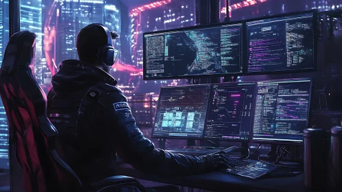 Cyberpunk operator monitoring code on multi-screen rig.