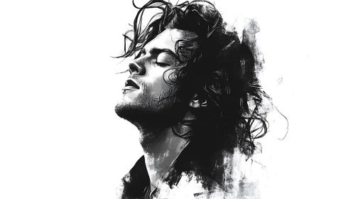 Monochrome male portrait merges ink wash and motion blur.