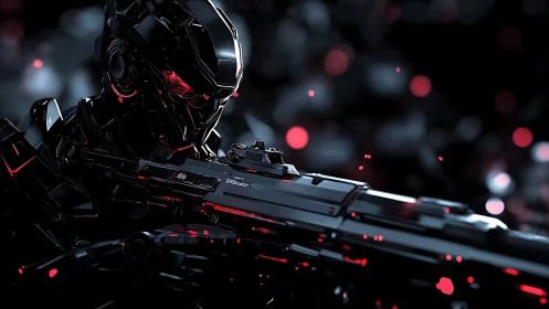 Chrome combat exosuit with rifle under neon red highlights.