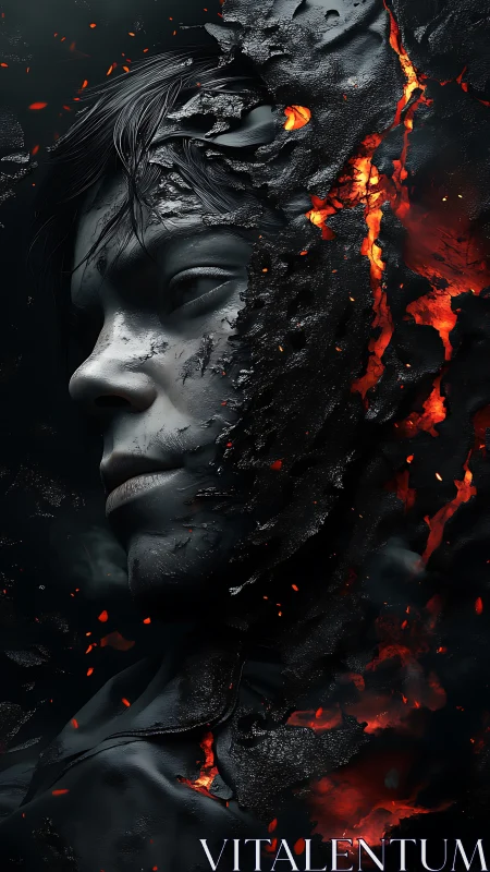 Volcanic human visage dissolving into molten embers.