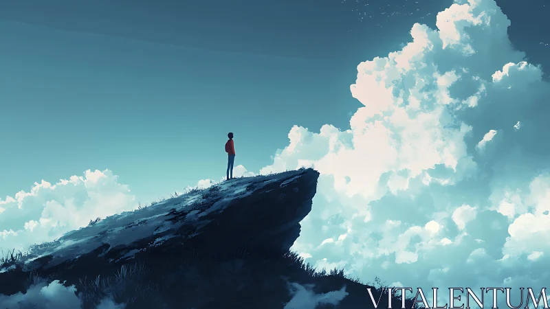 Quiet cliffside dreamer gazing toward the boundless clouds.