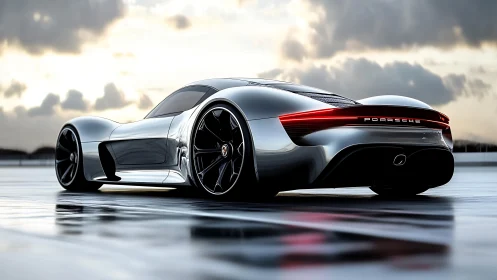 Futuristic Porsche concept car gleams on a wet runway at dusk