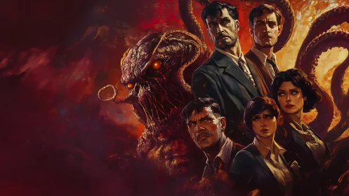 Investigators confront glowing-eyed tentacled monster in firelight